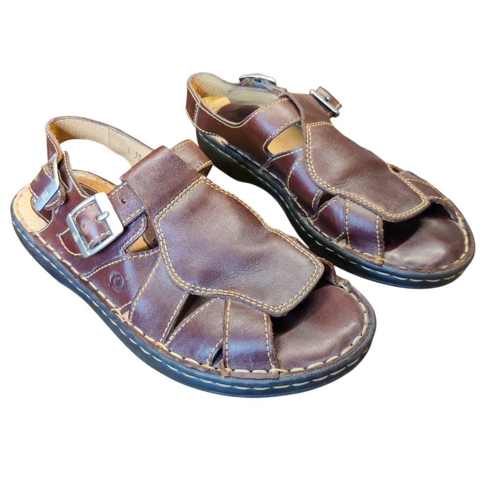 Born Women's Mahogany Brown Leather Fisherman Sandals Size 8 Extra Wide Bohemian